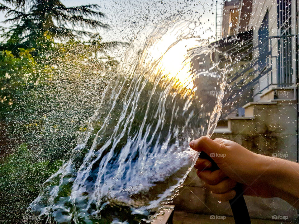 enjoying watering the garden before the sunsets as the light breaks into water creating it's own unique canvas