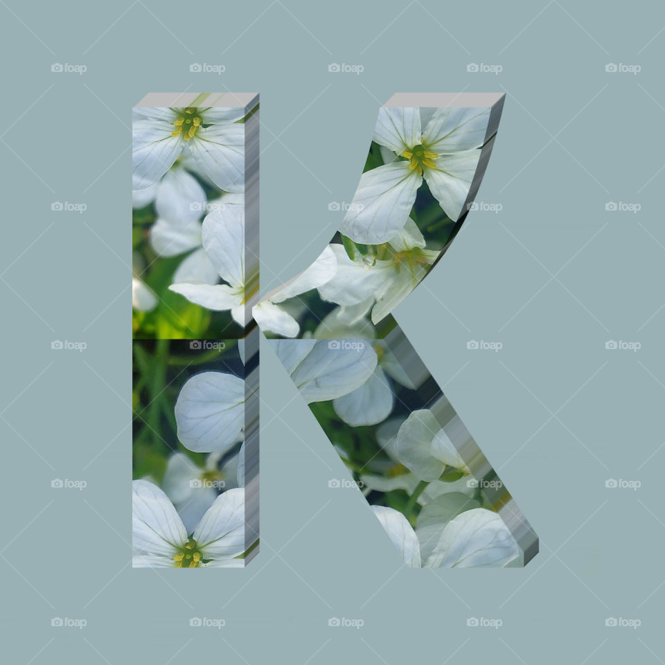 K alphabet 3d rendering of vertical white flowers alphabet