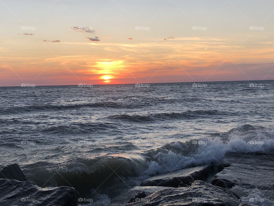 Sunset at Lake Michigan, waves