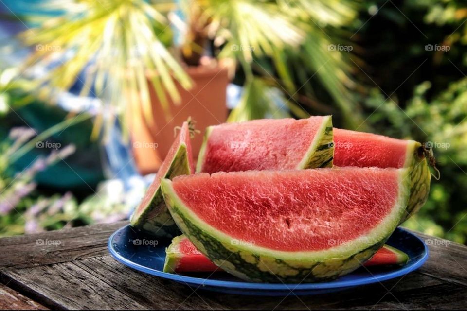 In a garden with green plants and palm trees, a blue plate with a red sliced ​​watermelon stands on a wooden table