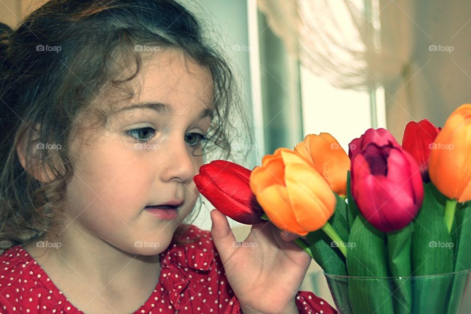 Cute little girl touching tulip flower