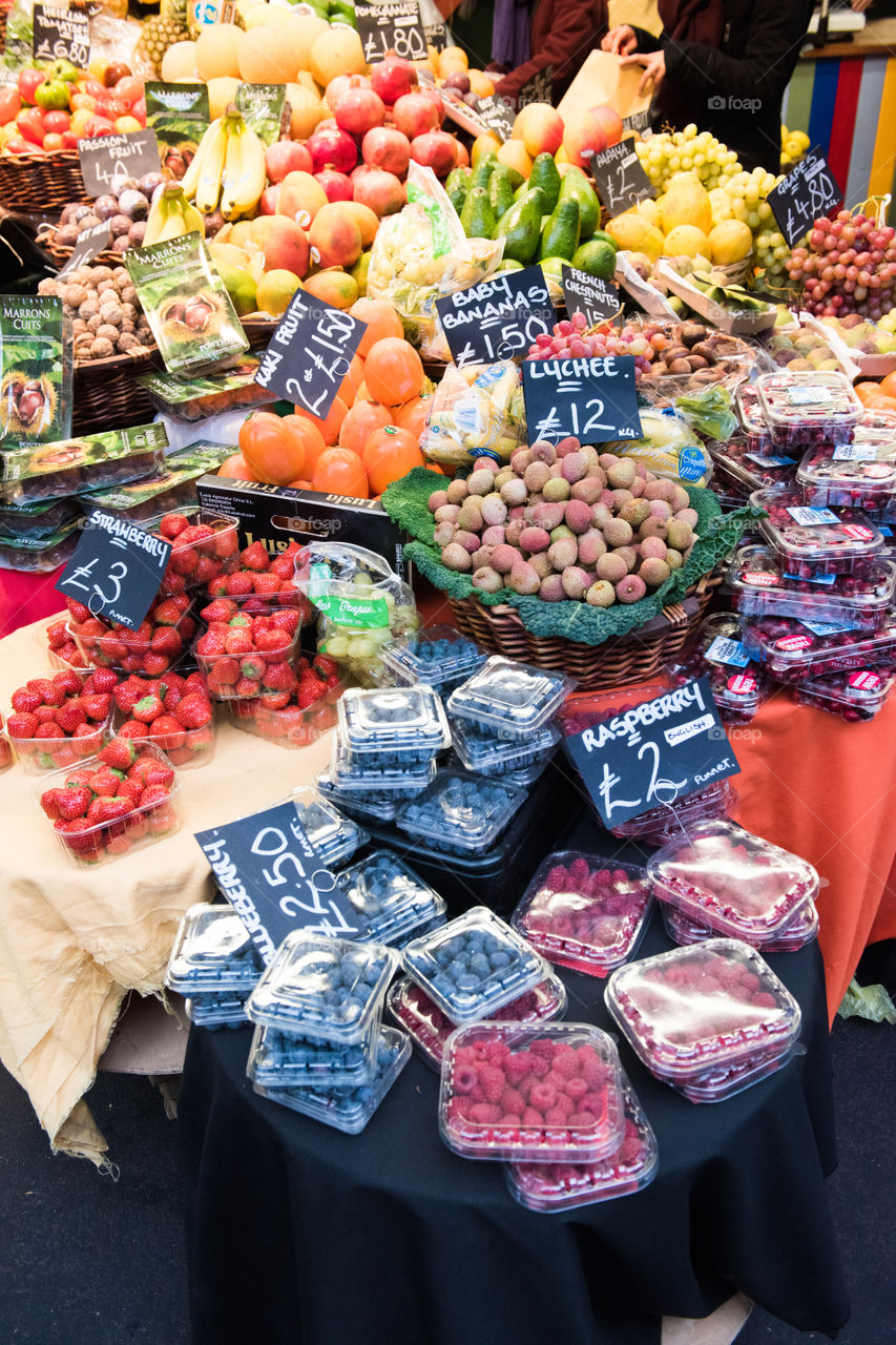 Fruit stand at Borough Market in London.