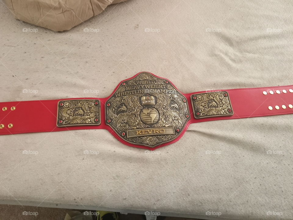 Fandu Antique gold belt. Replica, wrestling belt, wrestling, antique gold finish, red strap, red stones, metal plates, trophy.