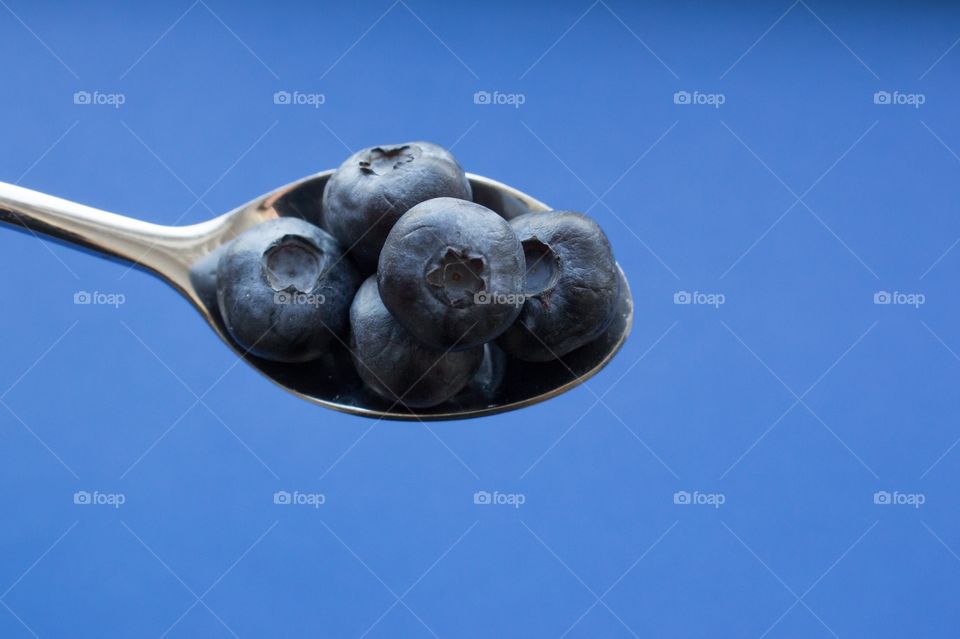 A spoon filled with blueberries , dark blue background 