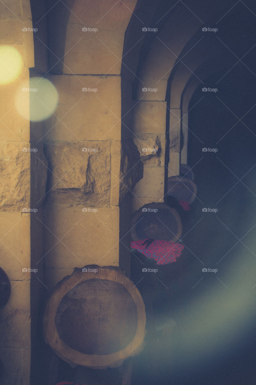 Columns and wooden chairs.