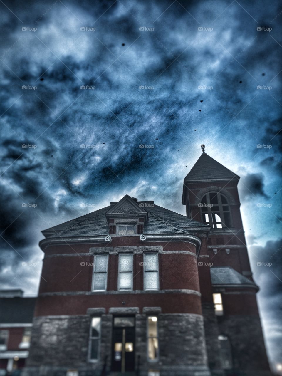 Historic Plattsburgh, NY Tower with birds flying over