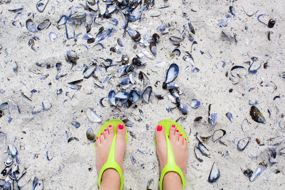 Manicured feet on the beach 