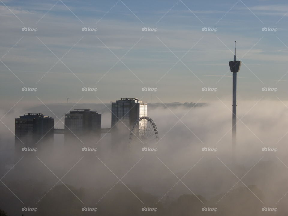 Foggy covered Göteborg. Gothia Tower and Liseberg