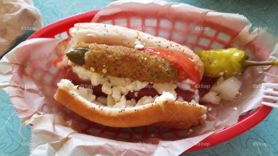 Greek Hot Dog. with Feta and fried pickle