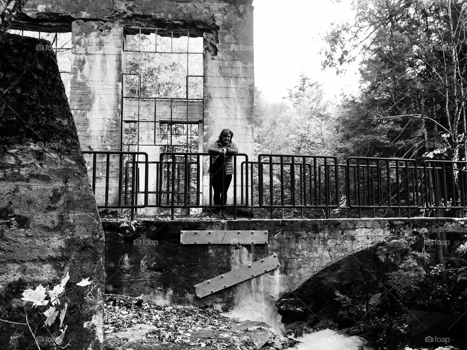 B&W pic, casual pose a great hike into the Carbide Willson Ruins in Gatineau park.