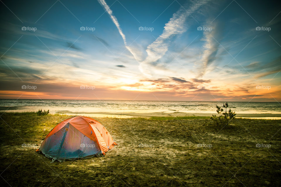 Sunset, Water, Tent, No Person, Dawn