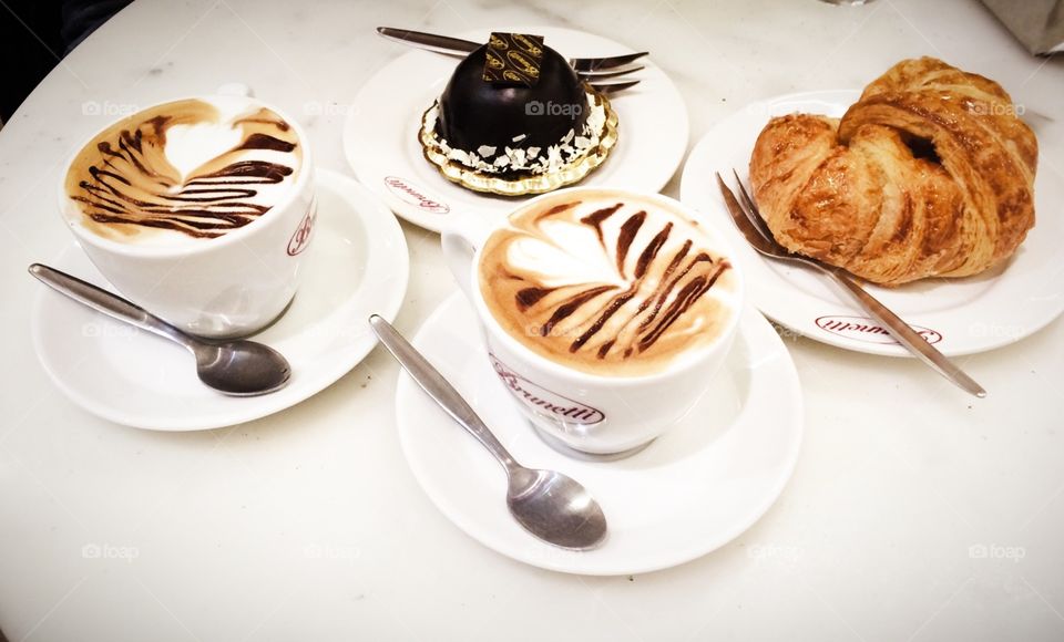 Coffee, Cake & croissant. Taken at a bakery store while having coffee with friends