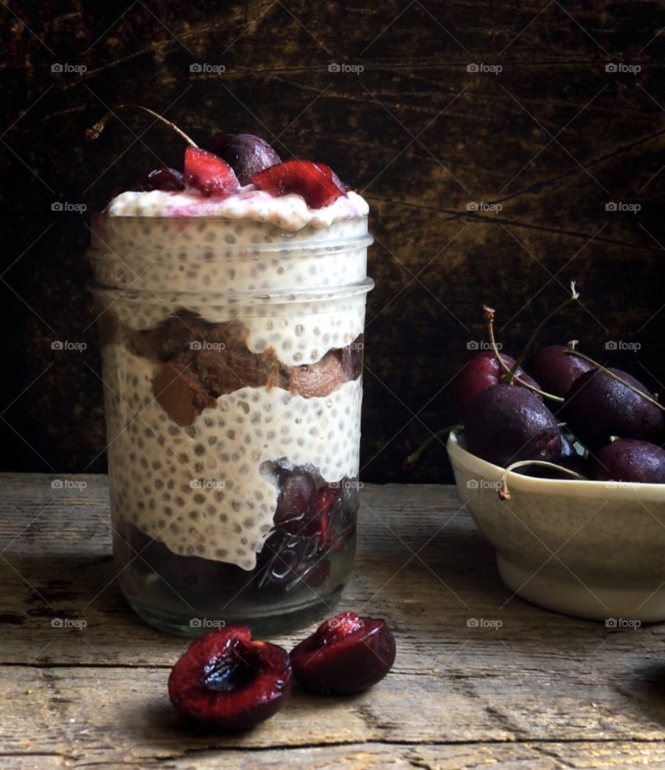 Chia seed parfait with chocolate mousse and cherries