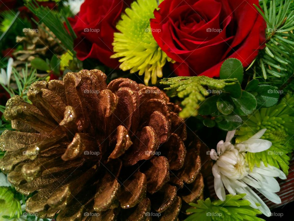 Sparkly pine cones and beautiful Red Roses, a Seasonal Bouquet to gift this holiday.