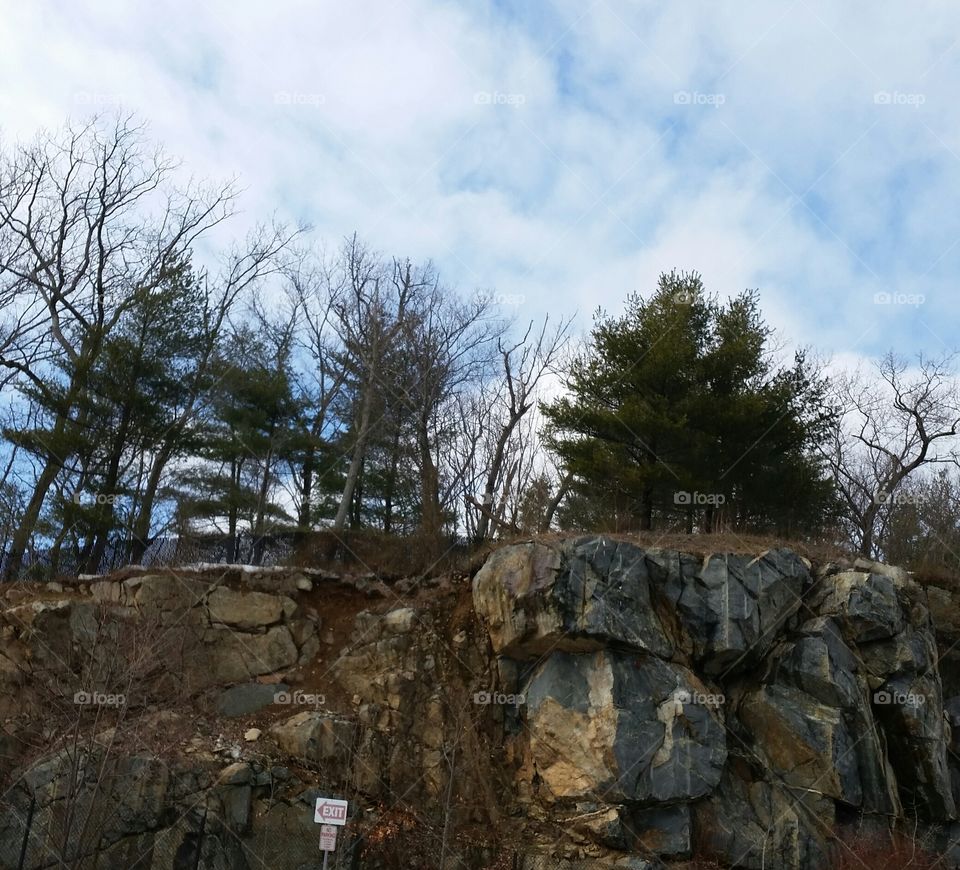 Rocky tree lined hillside in Randolph, Massachusetts