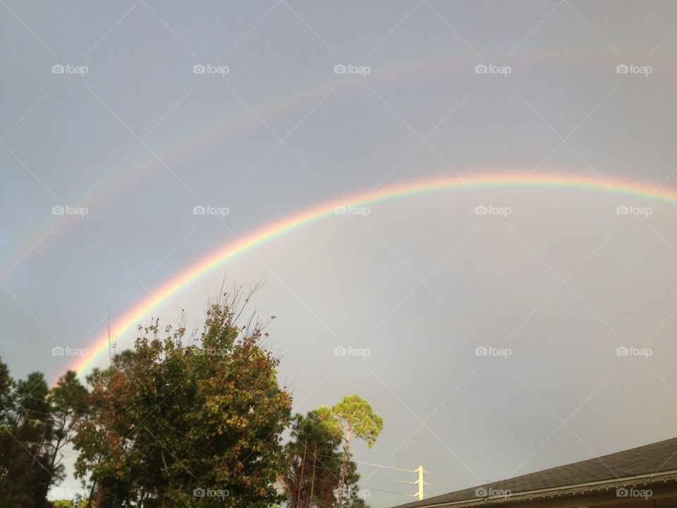 A double rainbow going horizontally across a blue sky with trees below