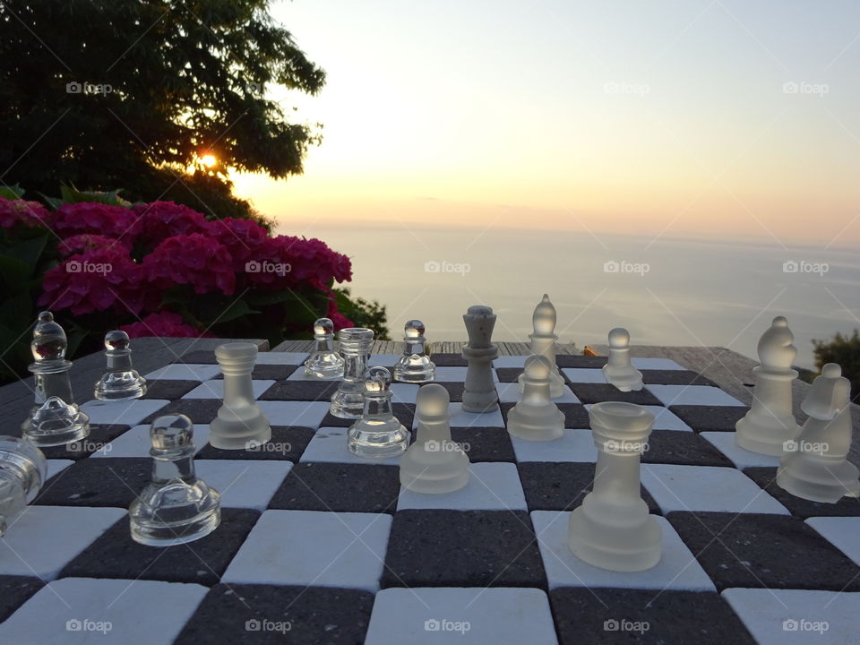 Chess in sea view. Chess in sea view of Greece Aegean sea