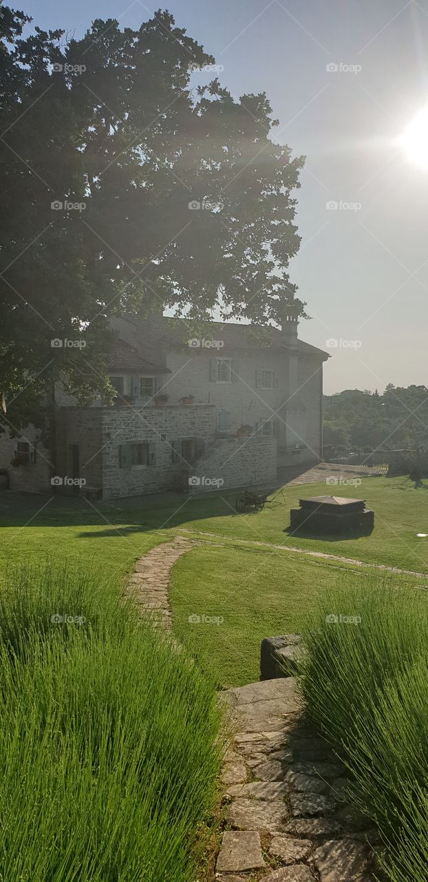 beautiful garden and stone house