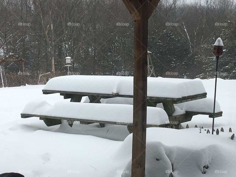 Picnic table in the snowstorm 