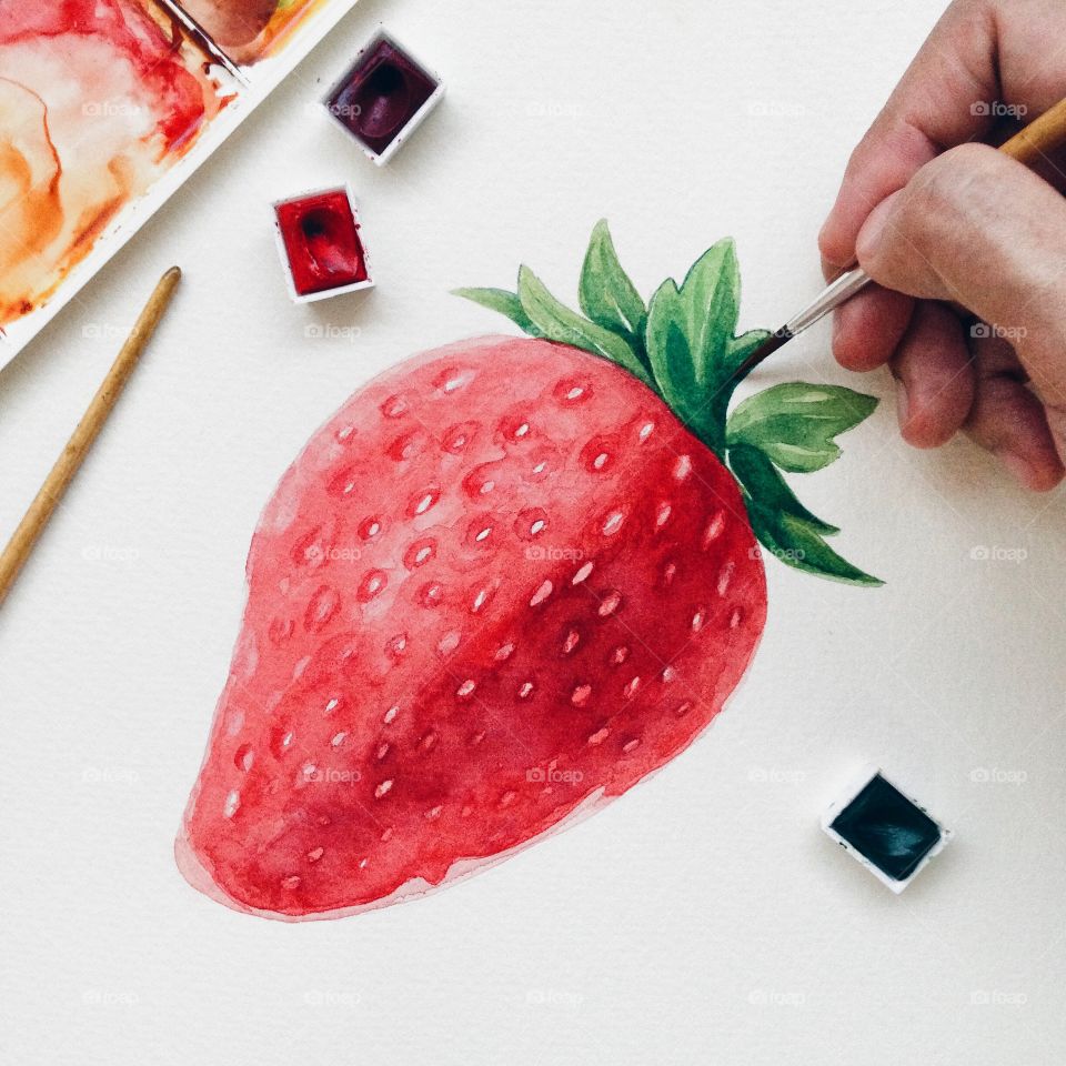Red color story : Strawberry watercolor painting.