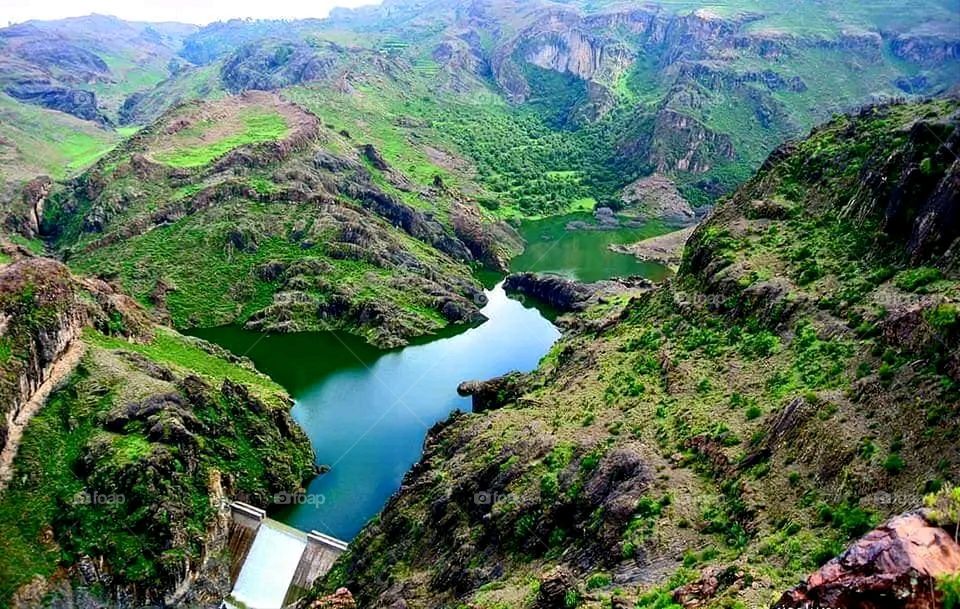 The image embodies a natural natural plate of the mountains of nature, where green agricultural stands are graded on the slopes as if they were lines of a poem, which fog harmoniously wrapped, and clouds hugged them in the mountain knife and the whis