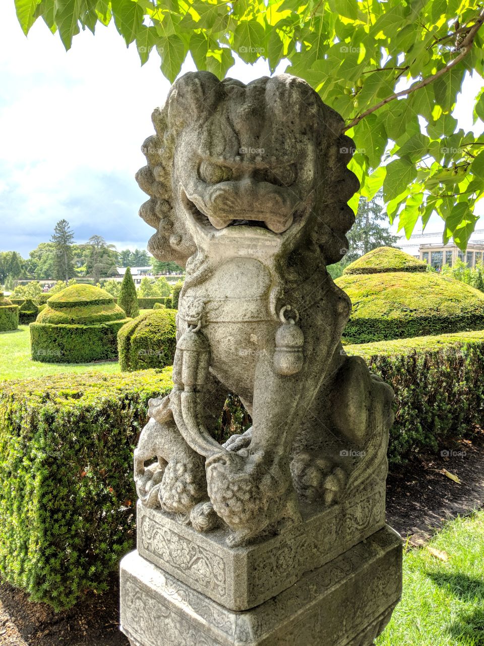 Antique asian lion garden statue and perfect topiaries under a darkening sky.