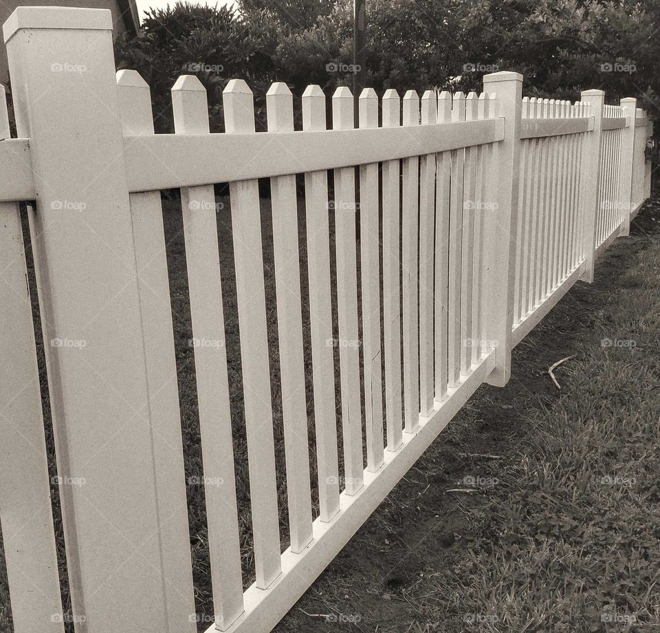 Greyscale white picket fence at angle and close