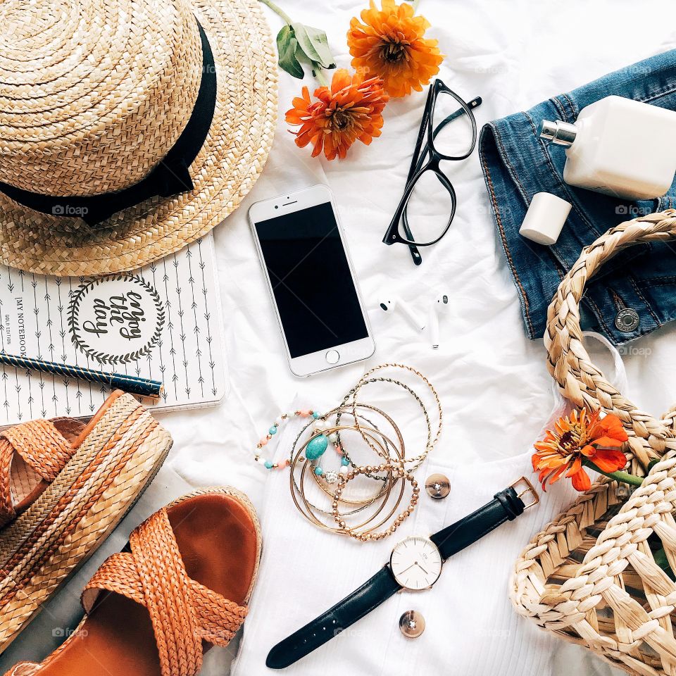 My favourite gadget is smartphone. Flat lay summer photography.Vacation