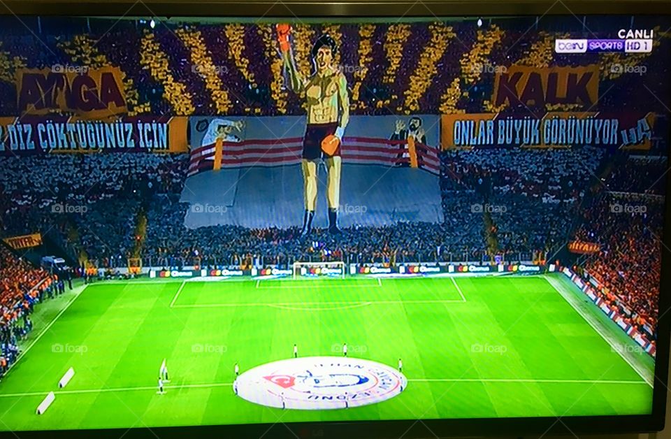they look great because you are bending. stand up! Turkey derby match. Galatasaray supporter show. 