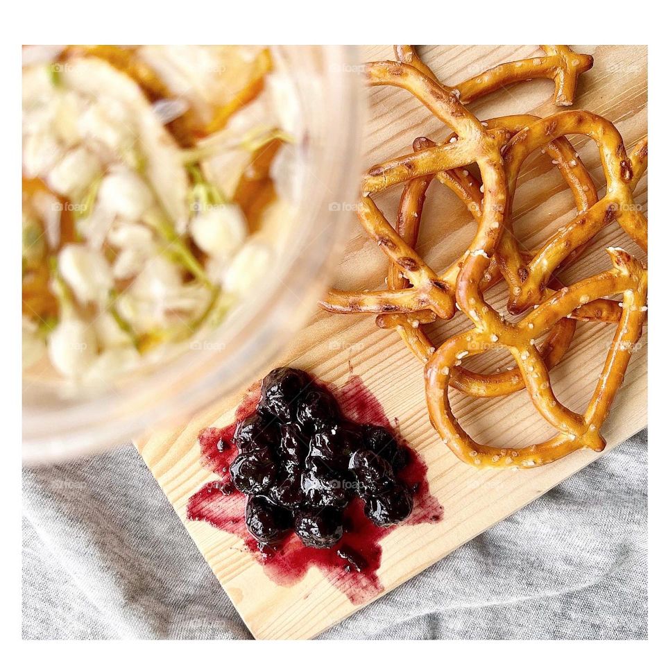 Holiday season feasting with pretzels and blueberry jam