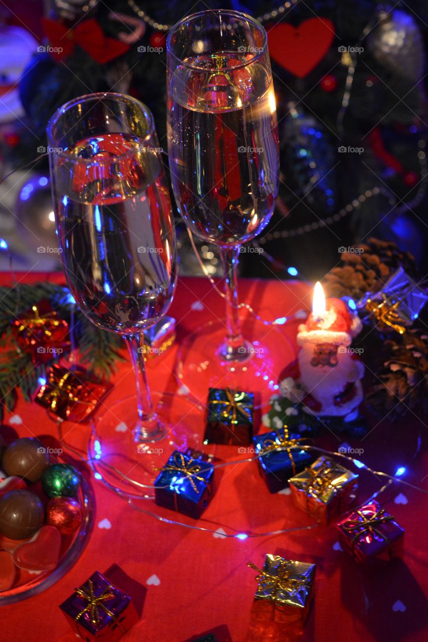 champagne glasses Christmas holiday and sweets