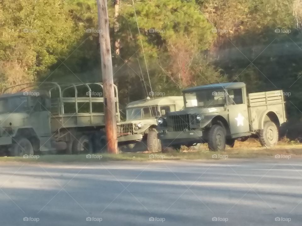 Road view of old military trucks