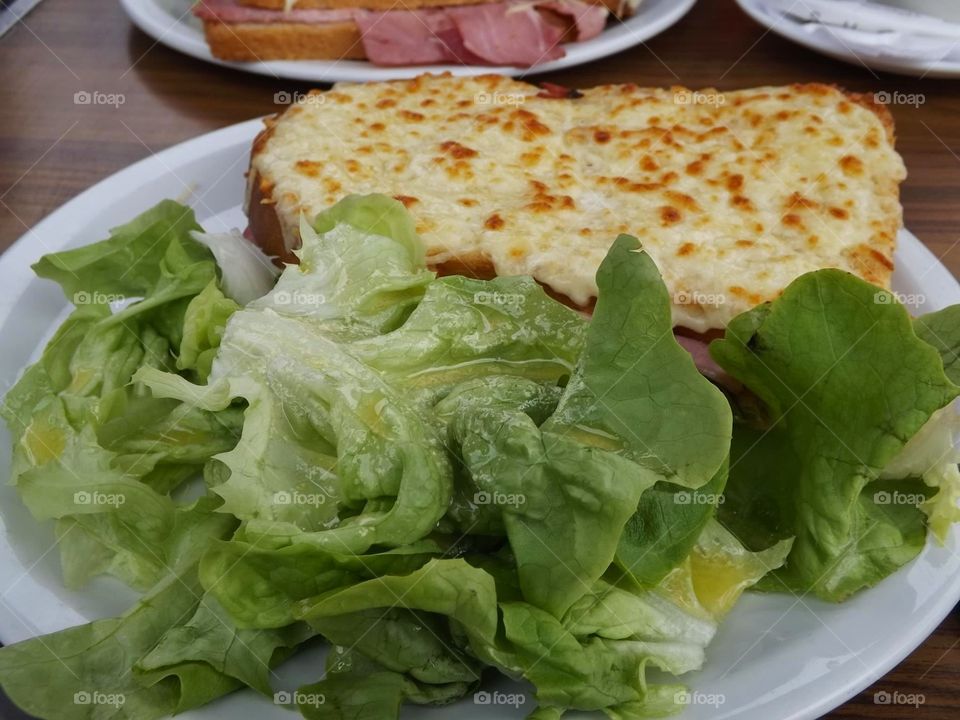 dejeuner. croque monsier and salad for lunch in paris, france
