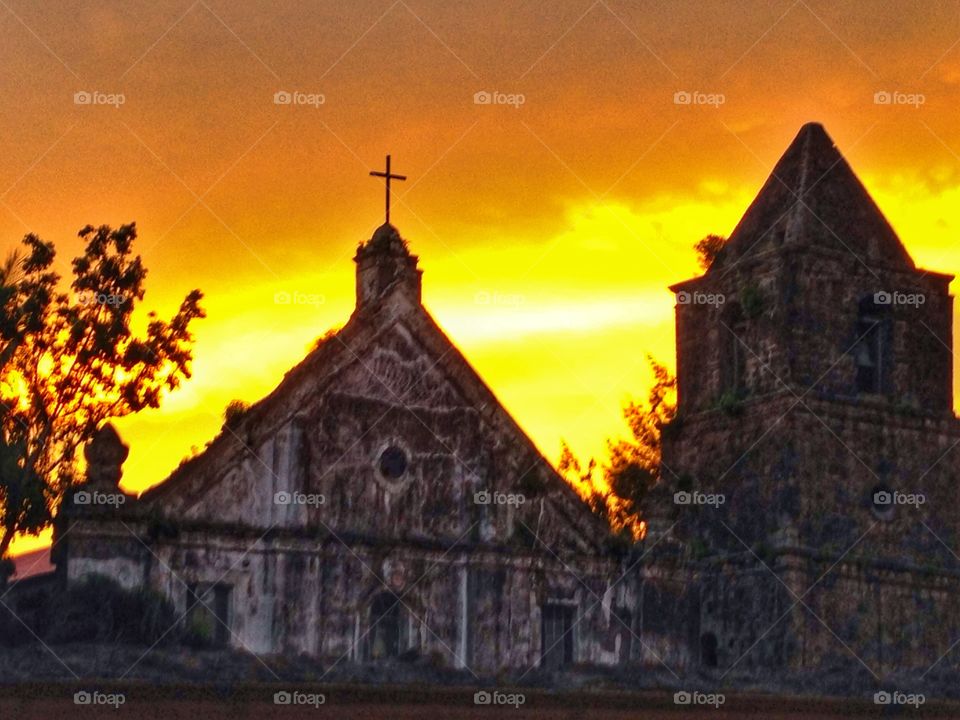 Old church and orange sky. I took this photo when I was waiting for my love ones in a place near this church. 