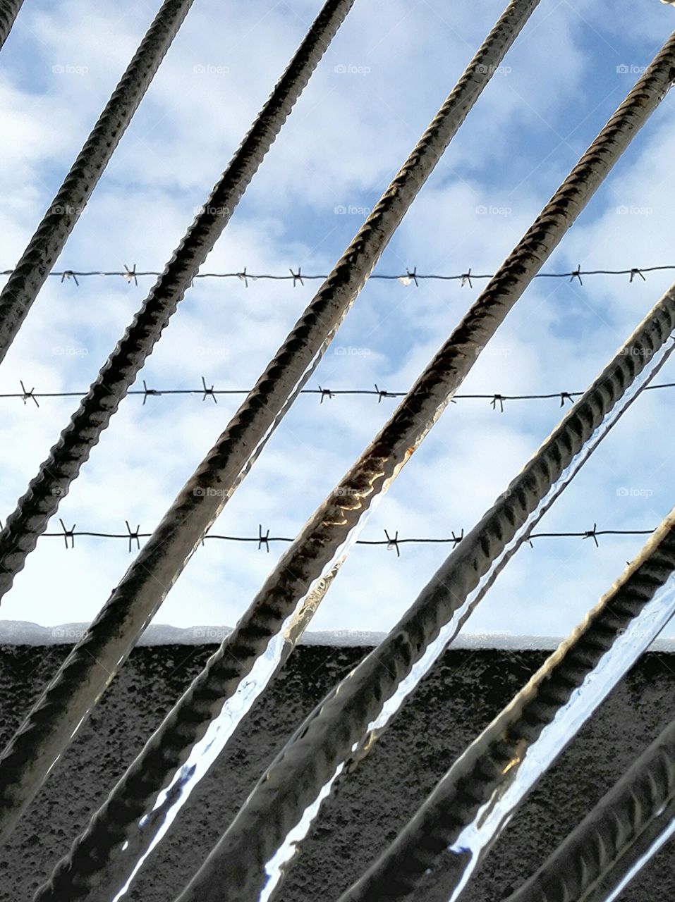 Window bars and barbed wire.