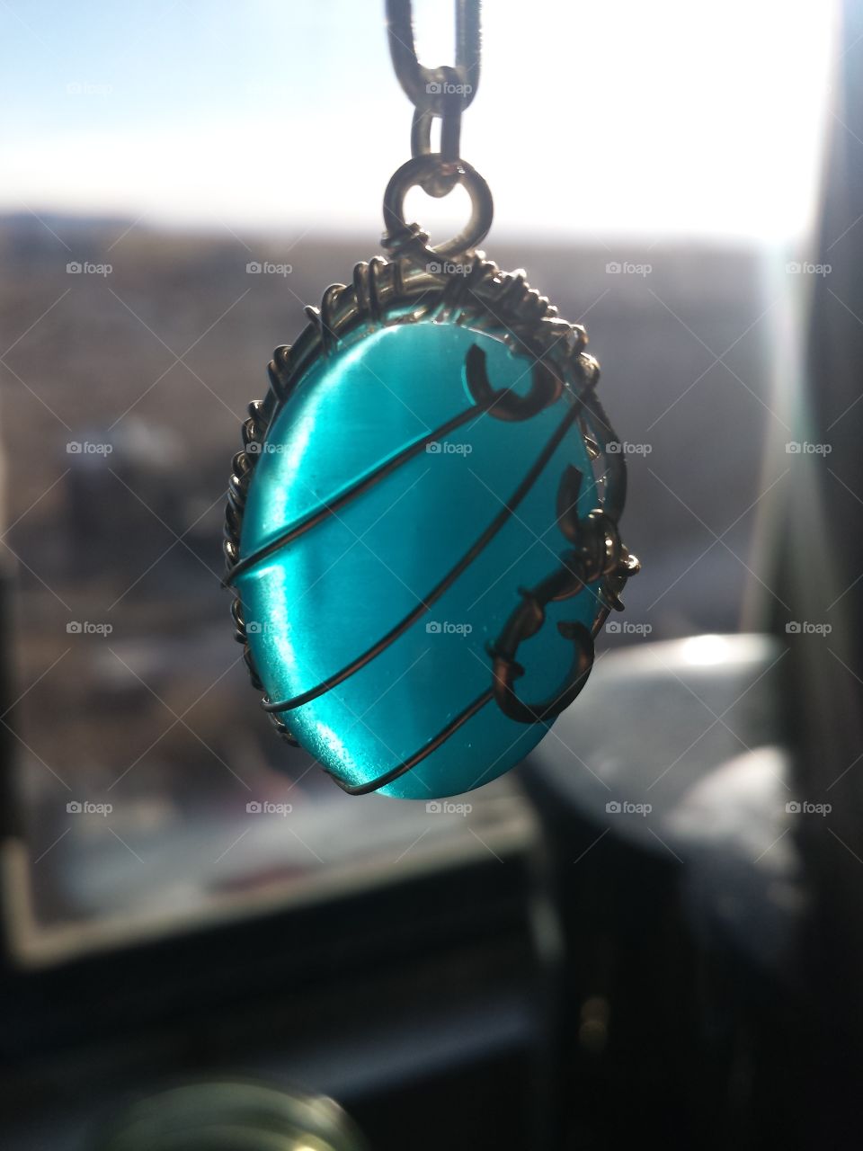 wire wrapped blue cats eye pendant by me
