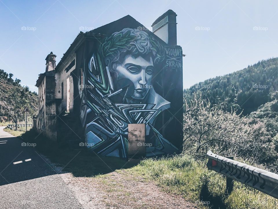 Bipolar (2017) by Portuguese street artist Violant, can be found along a riverside road on the side of a building near Constância 