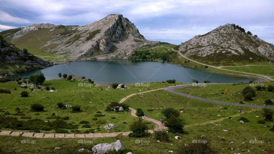View of Lake Enol, Asturias. Landscape of Lake Enol in Covadonga Lakes, Picos de Europa, Asturias, Spain