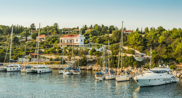 Boats moored at fiskardo bay