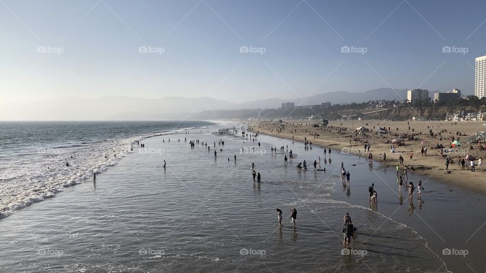 Peaceful Santa Monica California Beach Calm Ocean Little People Hazy Sky