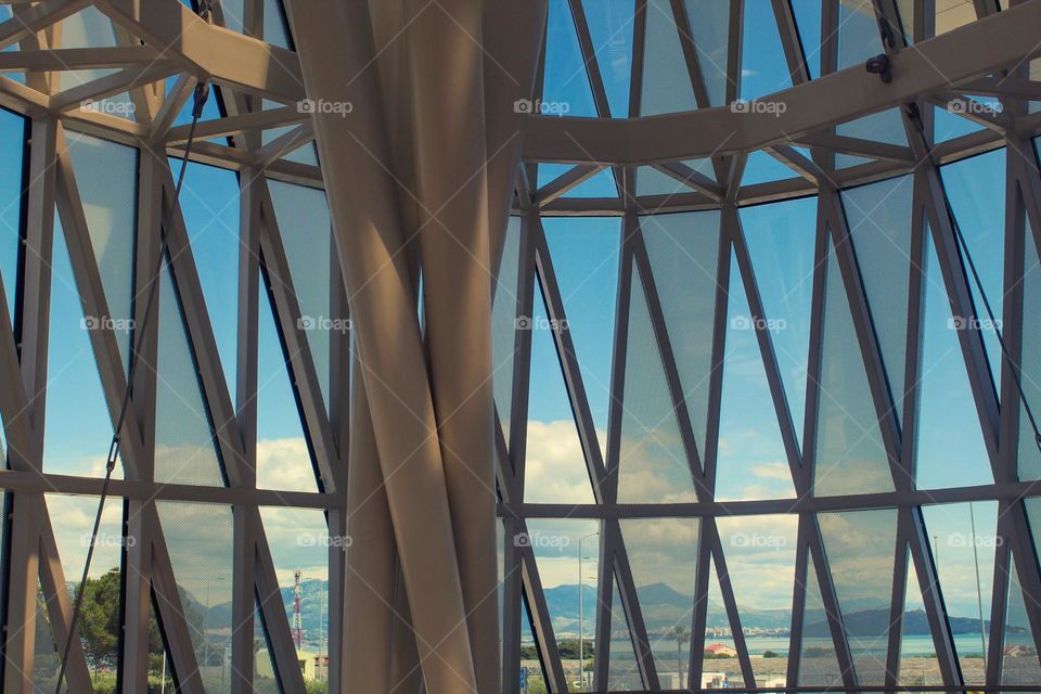 Interior of the Split airport building with view of the sea and Split.  Croatia