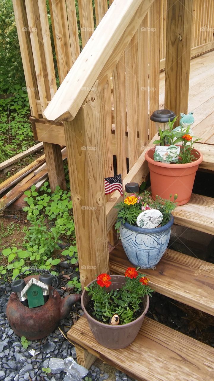 wood deck steps country flower pots rusic tea pot flag frog