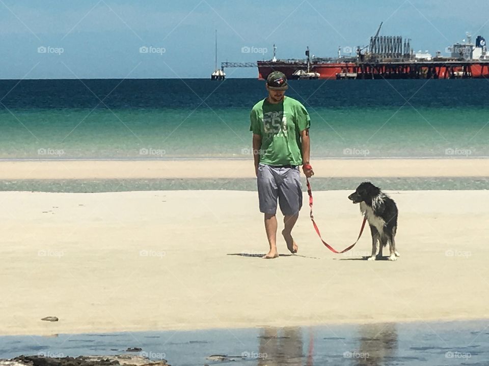 Man in green shirt walking dog on beach, huge iron ore cargo ship on background 