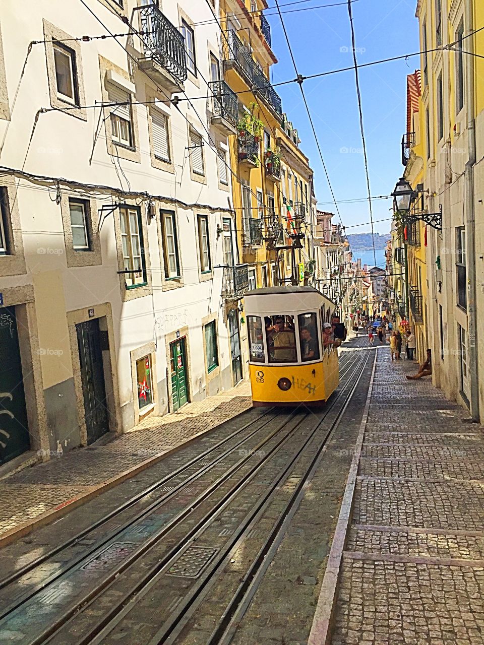 Tram in city, Lisbon, Portugal