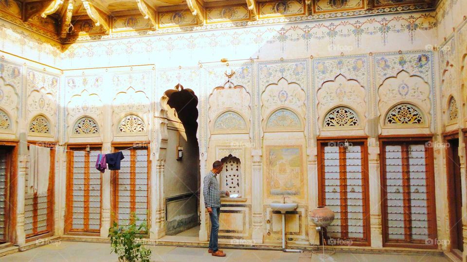 An interior done during era of Rajputs in Fatehpur Shekhavati Rajasthan. Unfortunately there are hardly few people to take care of such monuments in India.