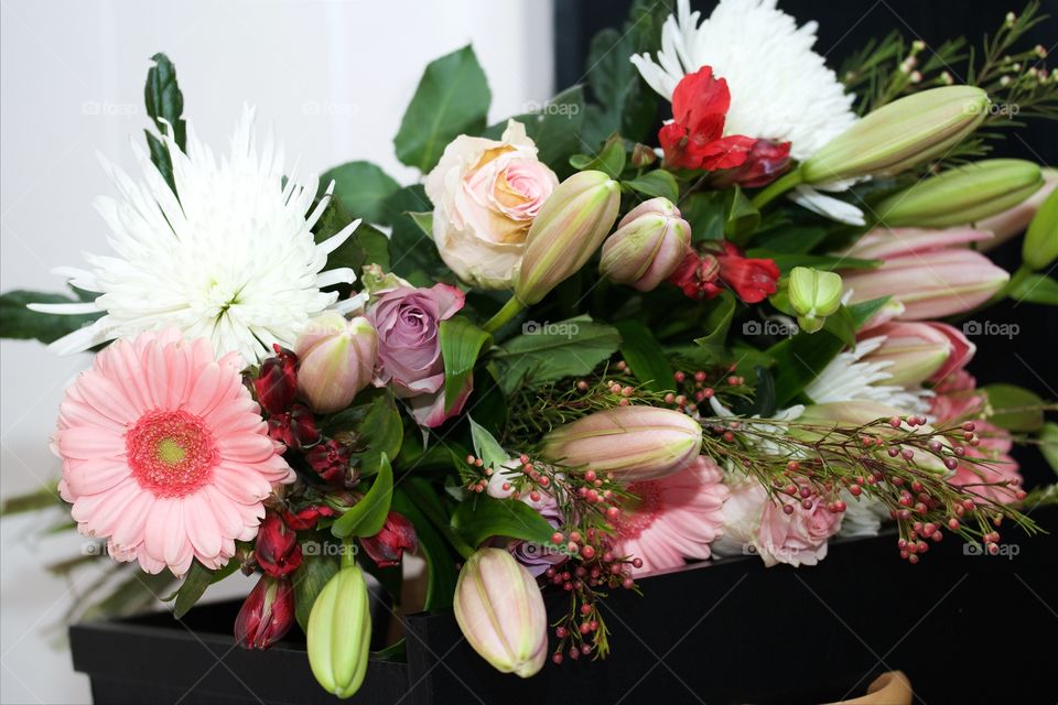 bouquet of flowers with pink lilies