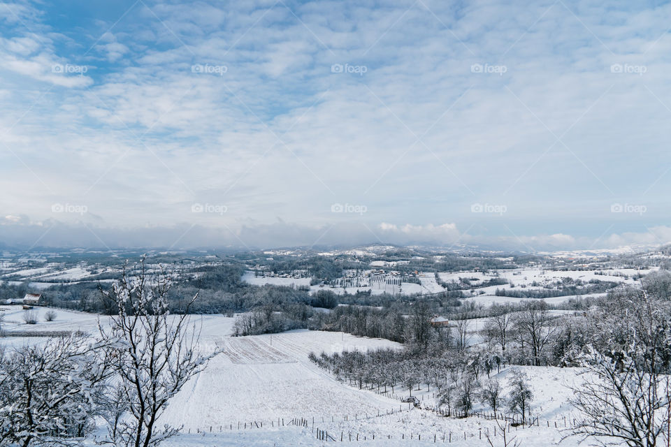 Snow fields in rural area