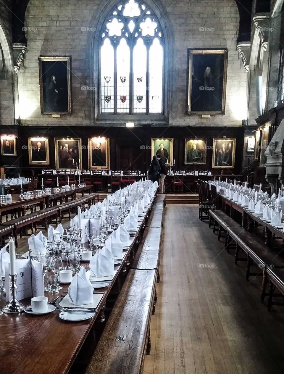 The real great hall all set-up for a dinner party in Oxford, England