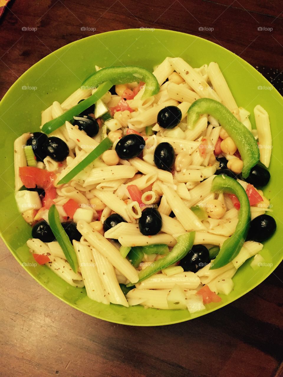 Delicious, colorful chilled summer pasta salad.