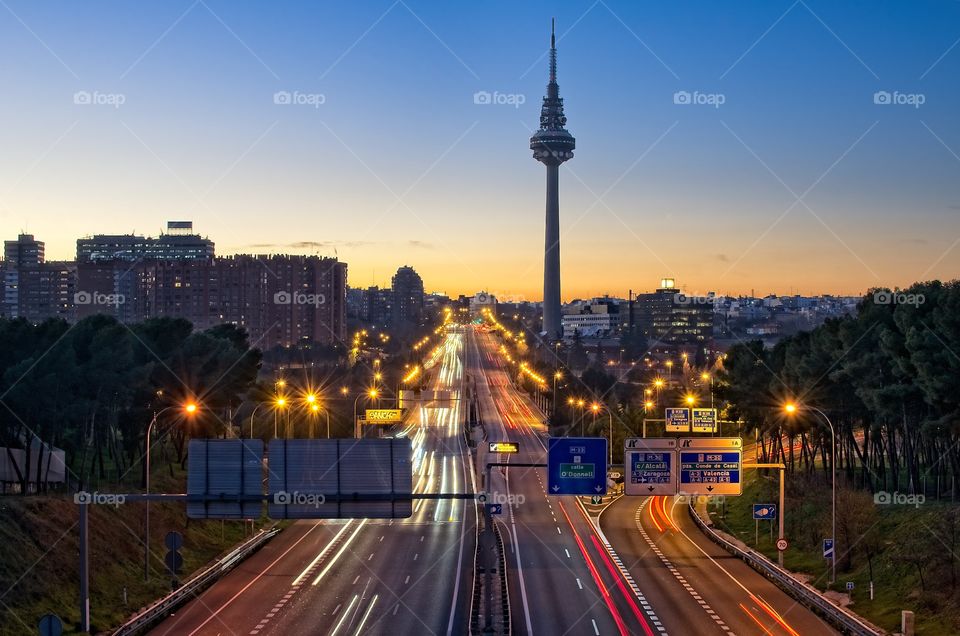 Traffic in Madrid on sunset